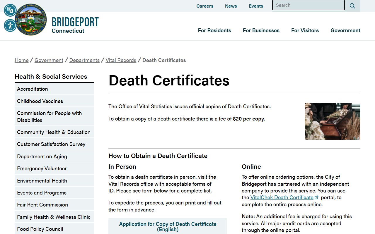 Bridgeport vital records website showing death certificate request process