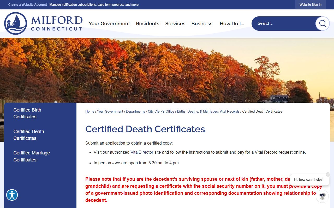 Milford certified death certificates page with request information