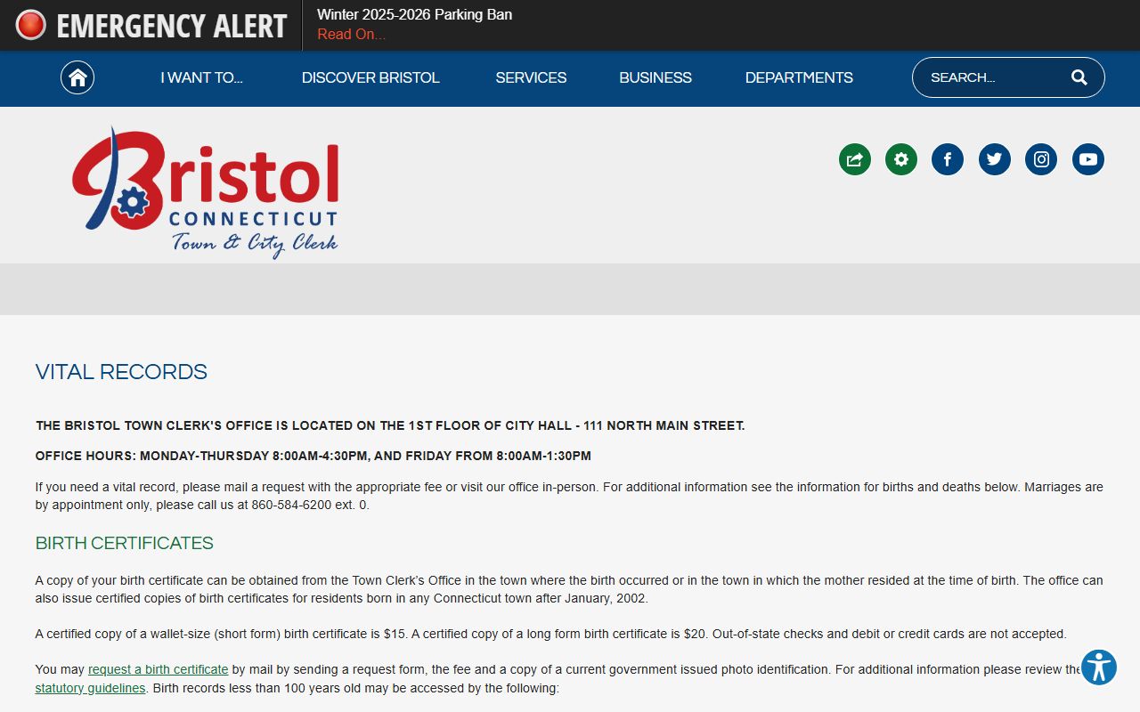 Bristol vital records page with information on death certificates