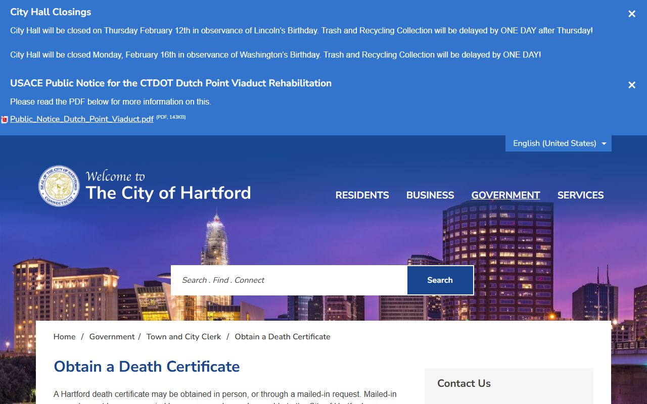 Hartford death certificate request page showing online ordering options