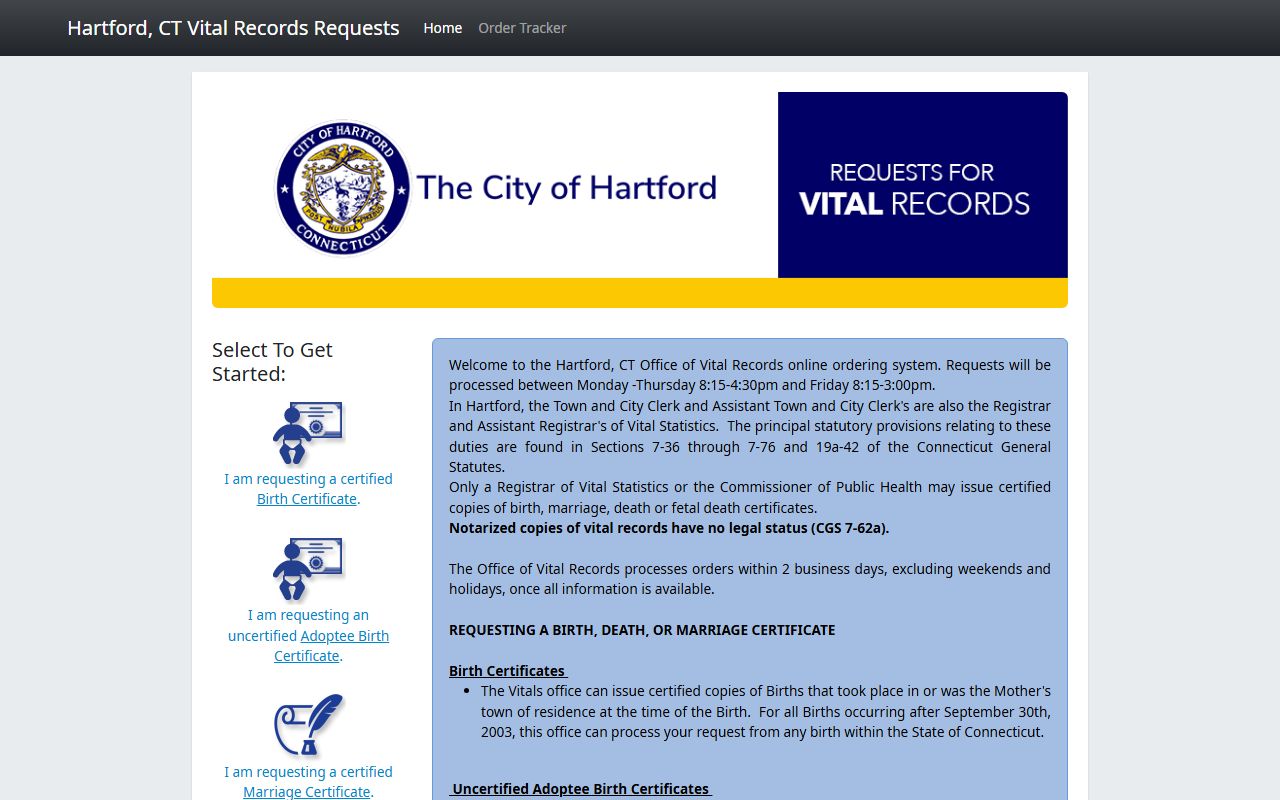 Hartford online ordering portal for vital records through Permitium