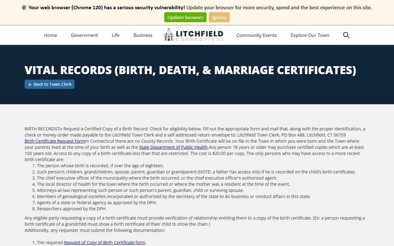 Litchfield town vital records page with death certificate request information