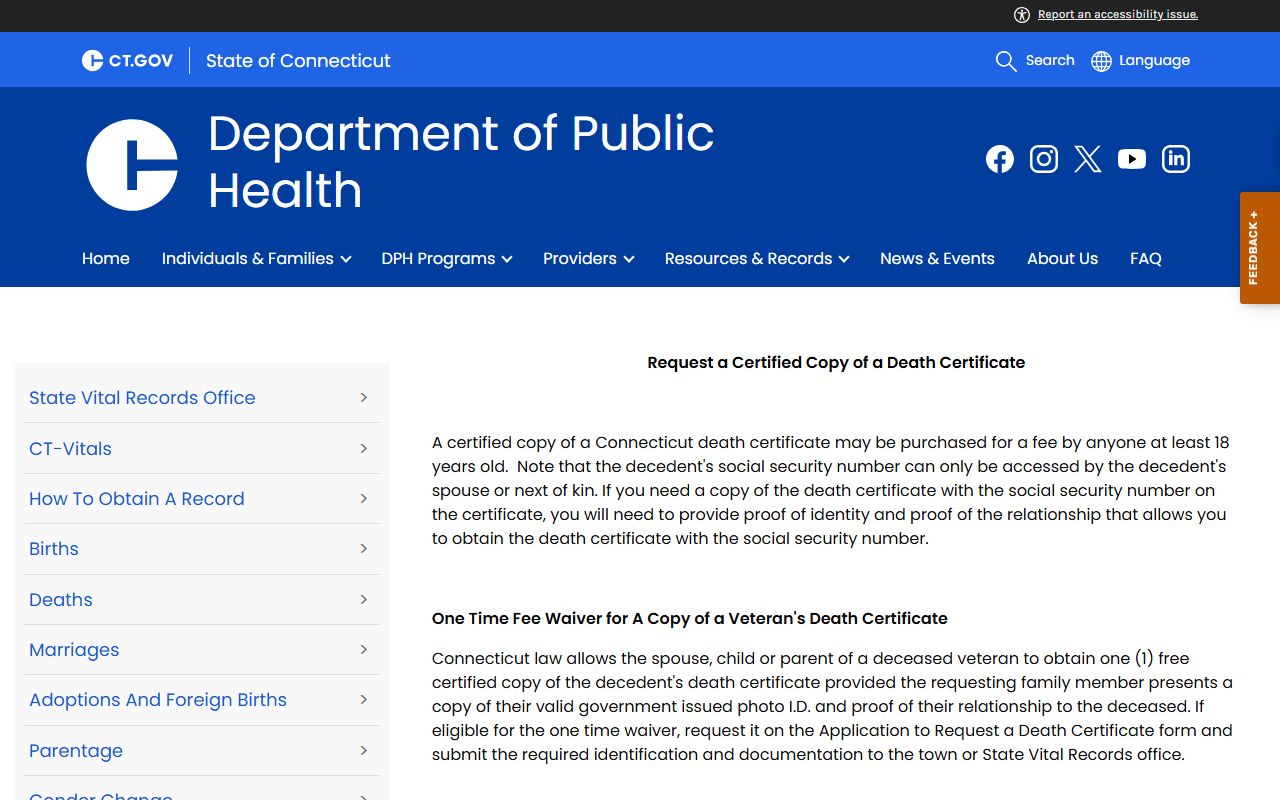 Connecticut Department of Public Health death certificates page