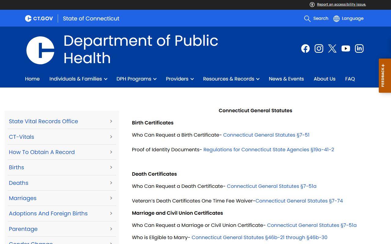 Connecticut General Statutes related to vital records