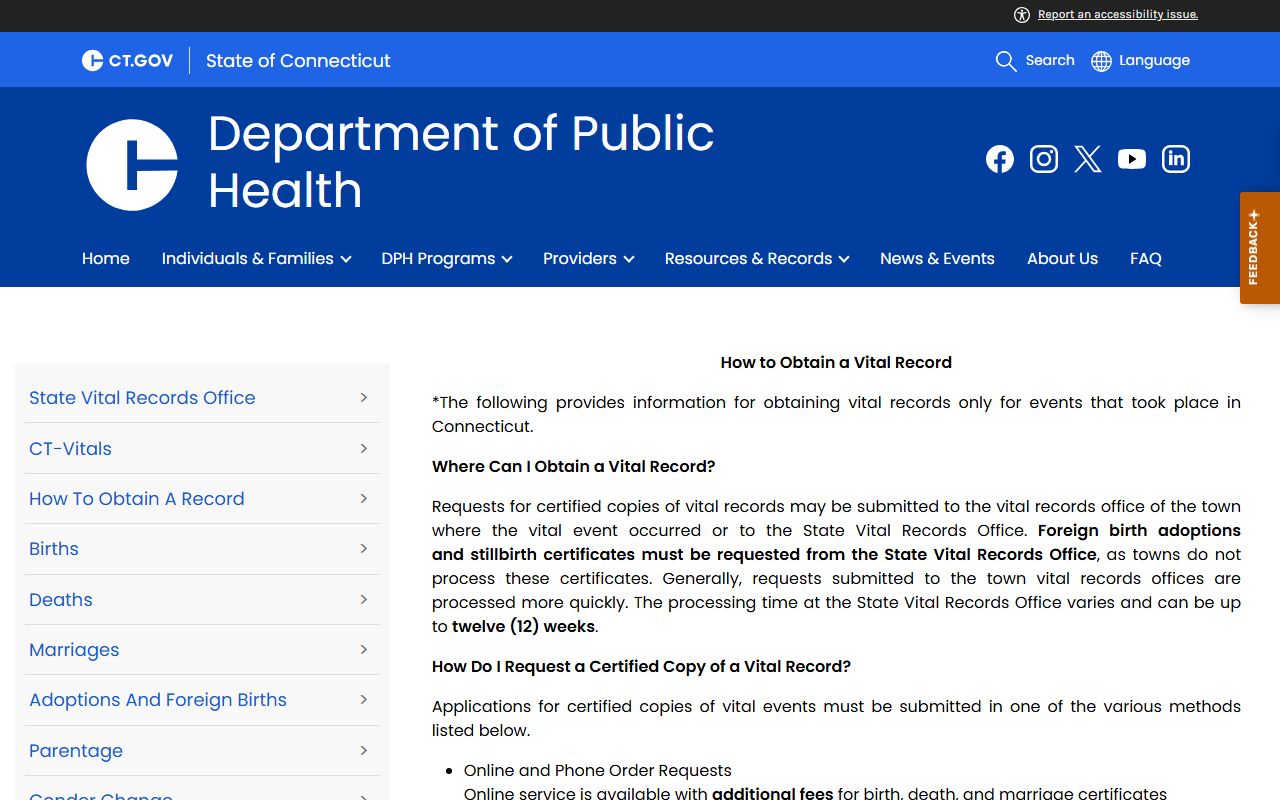 How to obtain Connecticut vital records page showing request options