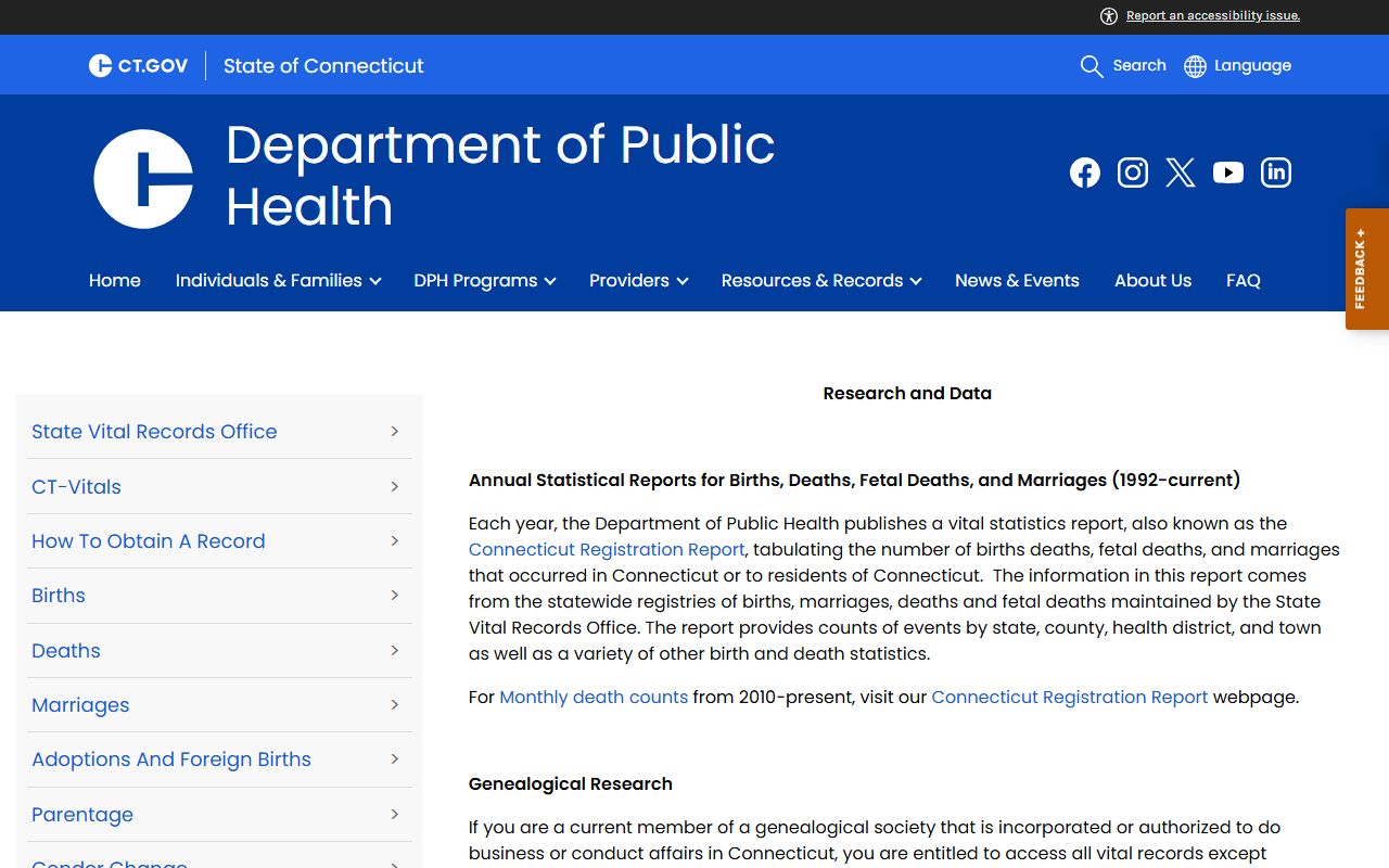 Connecticut vital records research and data resources