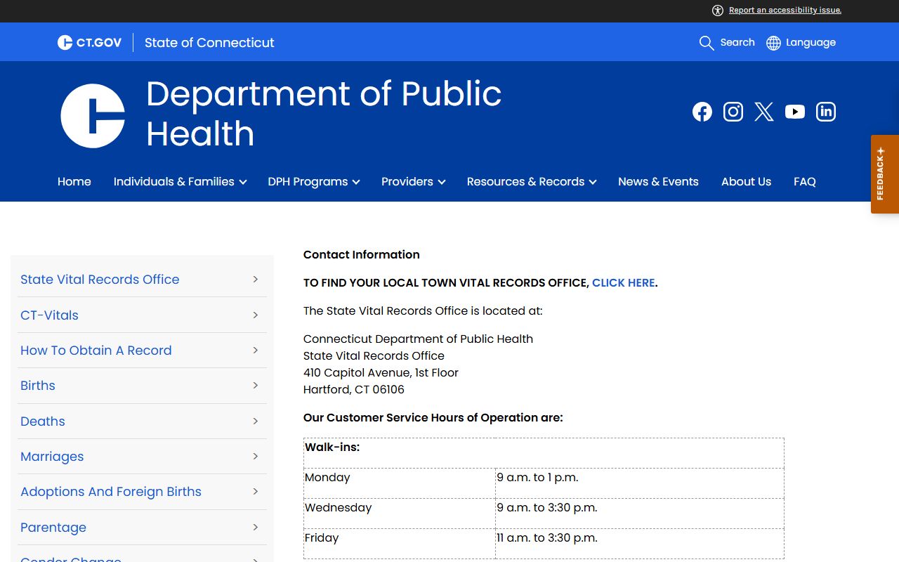 Connecticut State Vital Records Office contact information page