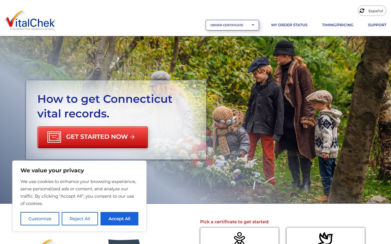 VitalChek online ordering system for Connecticut death certificates